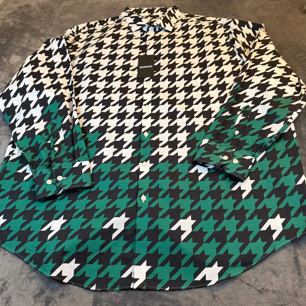 Murano Houndstooth‎ Button Down Shirt Mens 3XB Green Black White Long Sleeve NEW